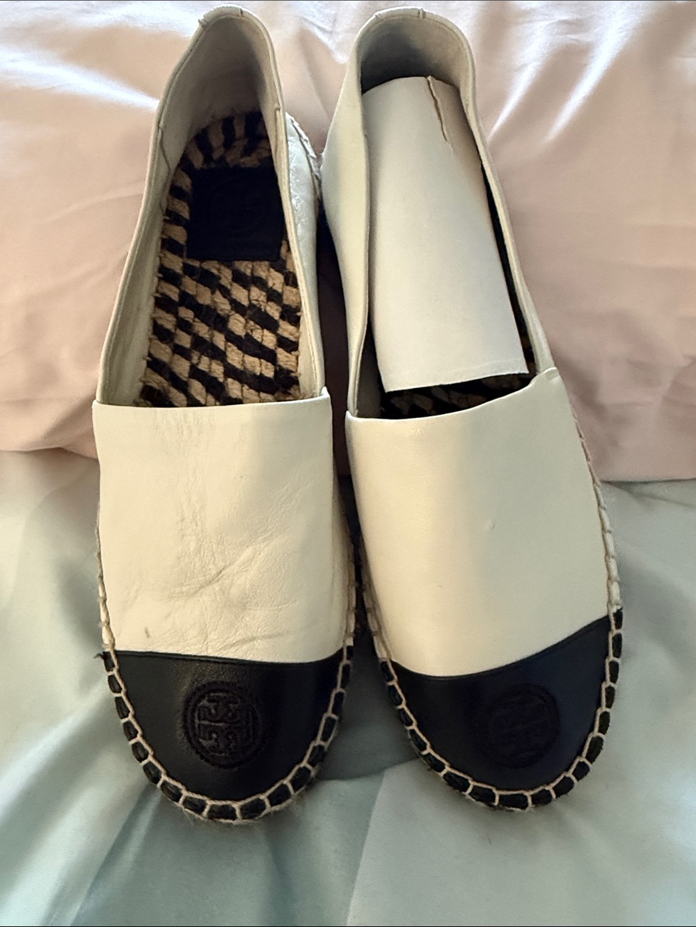 Tory Burch White and Black Leather Espadrilles